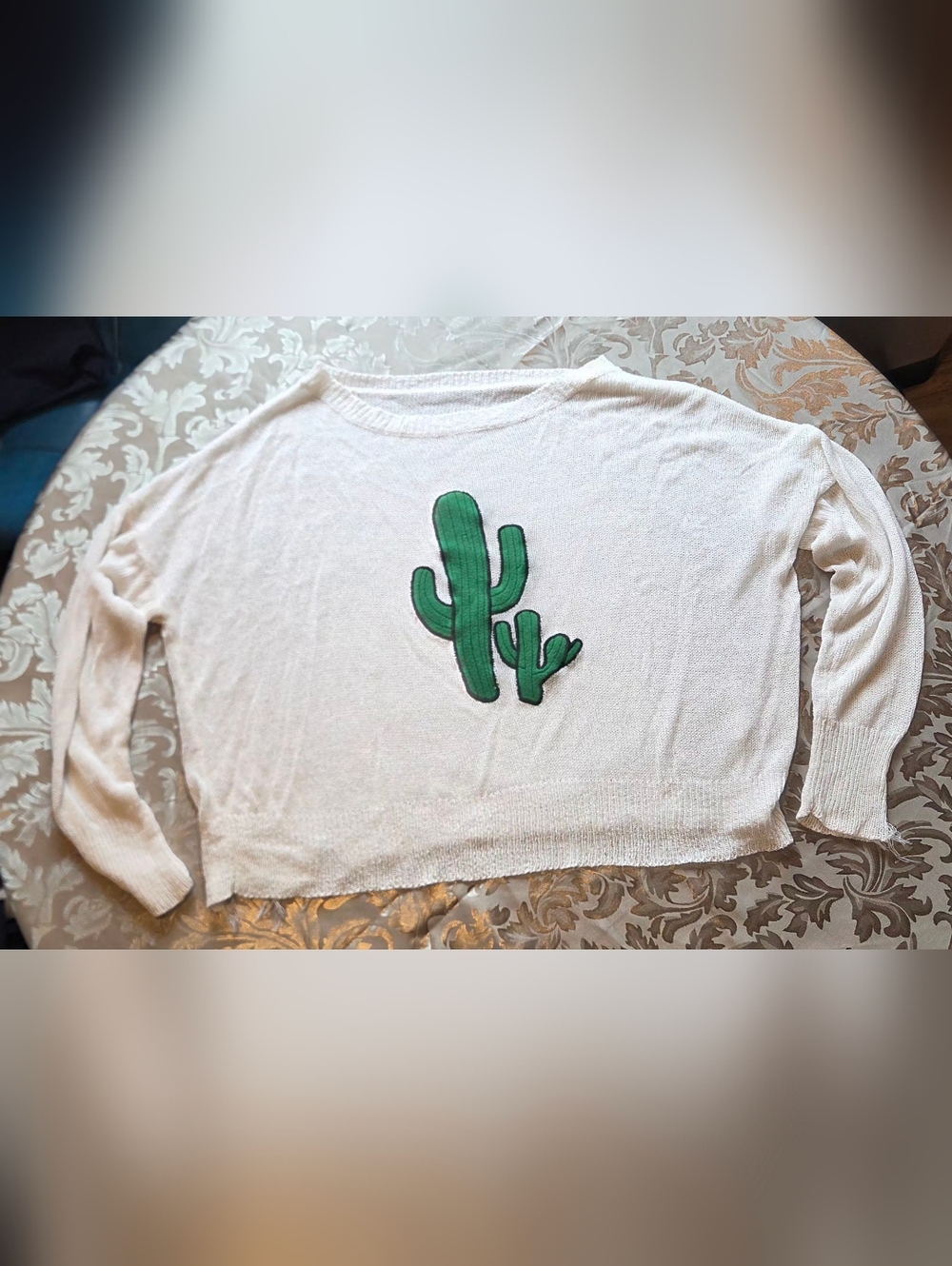 Anna-Kaci Distressed Ivory Mesh Sweater with Green Cactus Patch